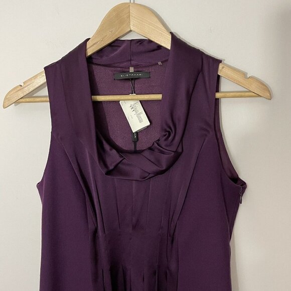 Elie Tahari Sonya Dress Sz 2 Eggplant Purple Wool Silk Fitted Cowl Neck $448 NWT - Picture 2 of 16